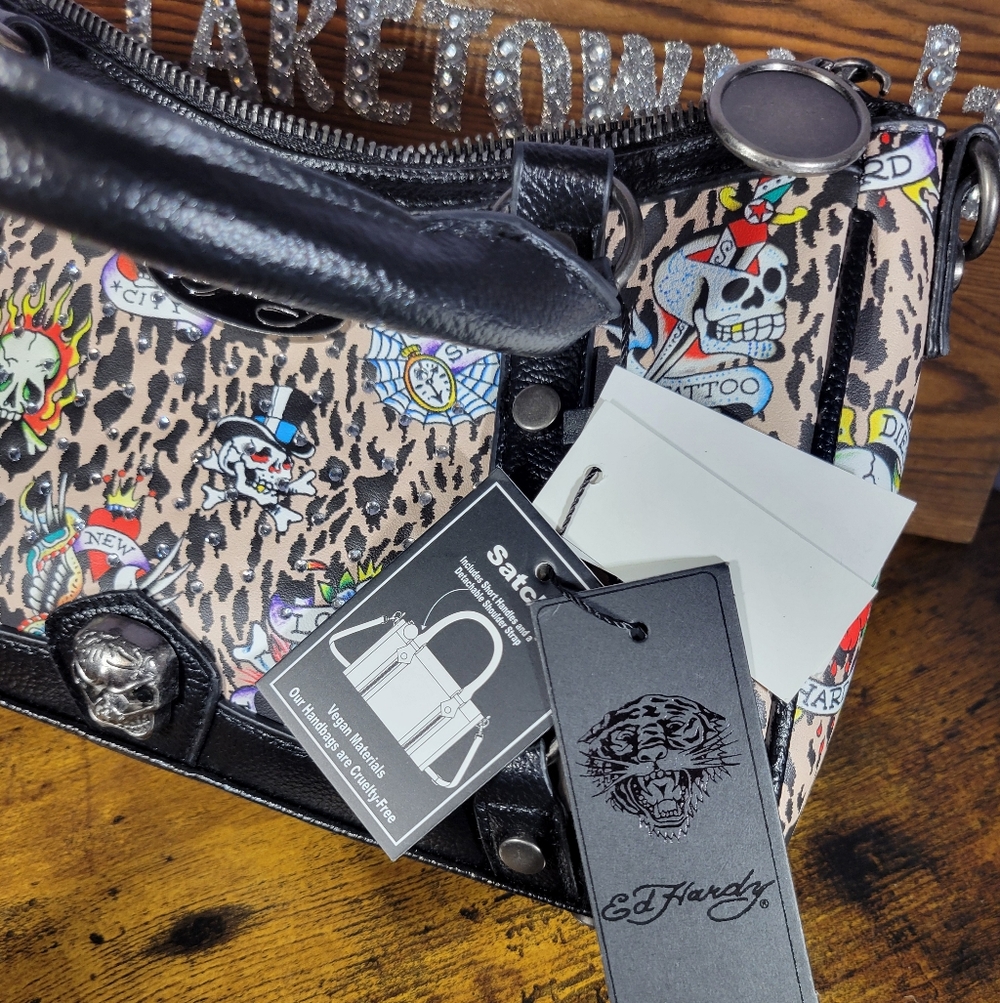 Ed Hardy Leopard Print Satchel with Black Accents/rhinestones - Picture 10 of 16